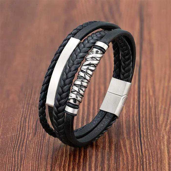 Pulseira de Couro de Aço Inoxidável Masculino