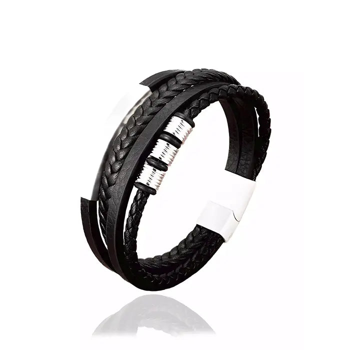 Pulseira de Couro de Aço Inoxidável Masculino