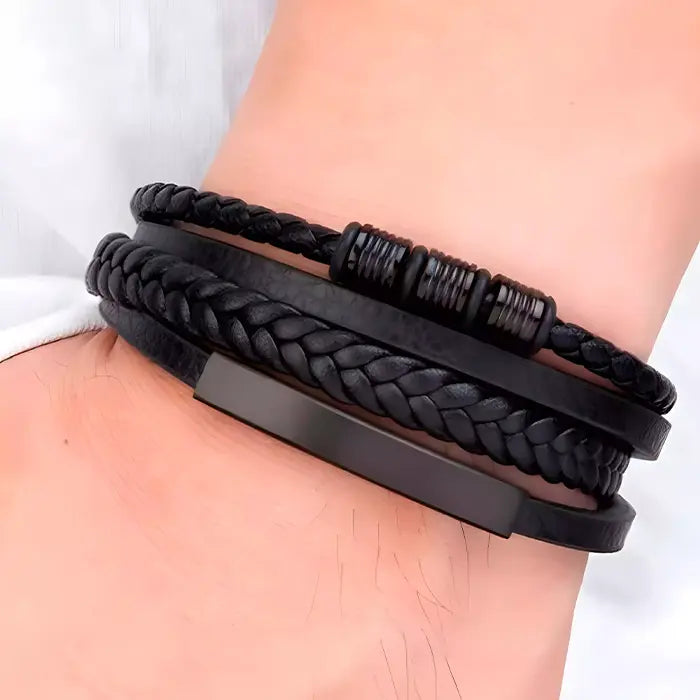 Pulseira de Couro de Aço Inoxidável Masculino