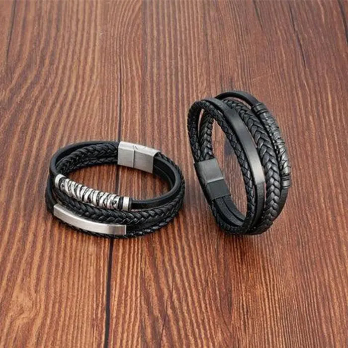 Pulseira de Couro de Aço Inoxidável Masculino