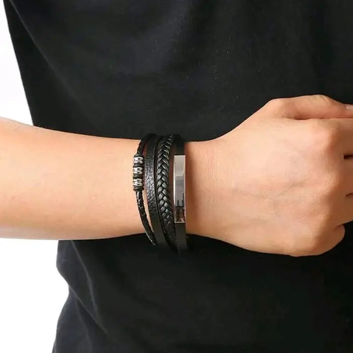 Pulseira de Couro de Aço Inoxidável Masculino