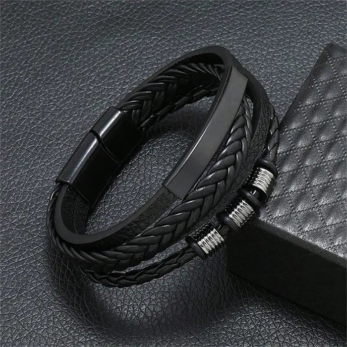 Pulseira de Couro de Aço Inoxidável Masculino