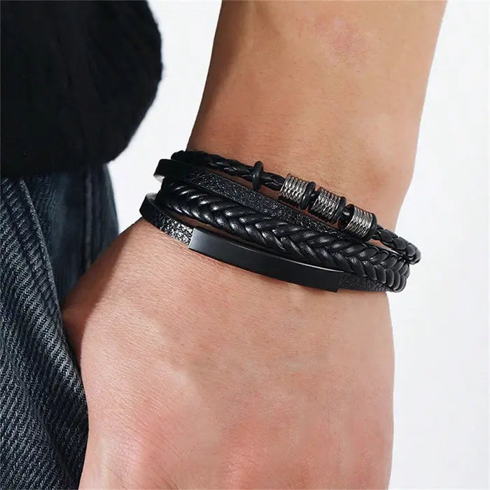 Pulseira de Couro de Aço Inoxidável Masculino