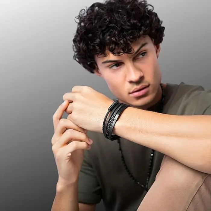 Pulseira de Couro de Aço Inoxidável Masculino
