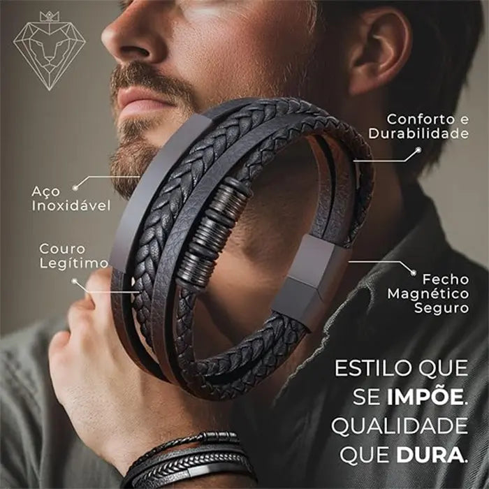 Pulseira de Couro de Aço Inoxidável Masculino