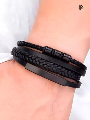 Pulseira de Couro de Aço Inoxidável Masculino